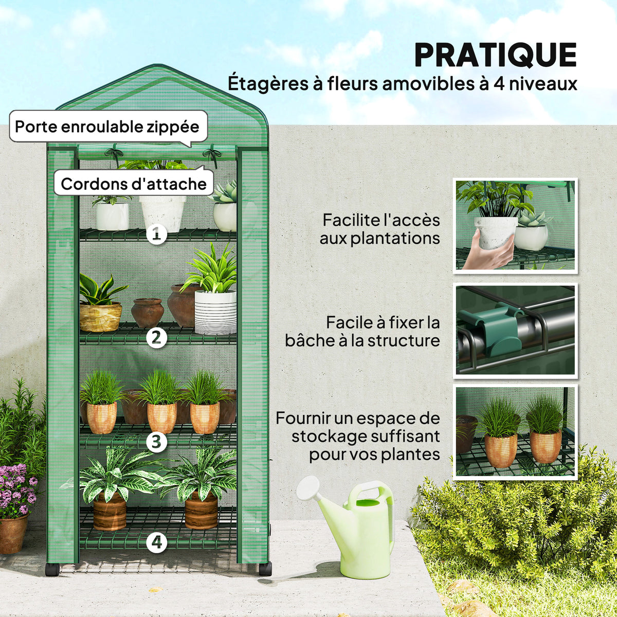 Serre de jardin balcon étagère serre 4 niveaux 69L x 50l x 165H cm acier époxy bâche amovible PE haute densité vert