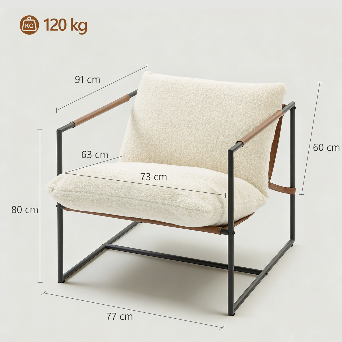 Sillón de salón, sillón auxiliar tapizado en tela de borreguito, asiento ancho y estructura de acero, 77x91x80cm, crema