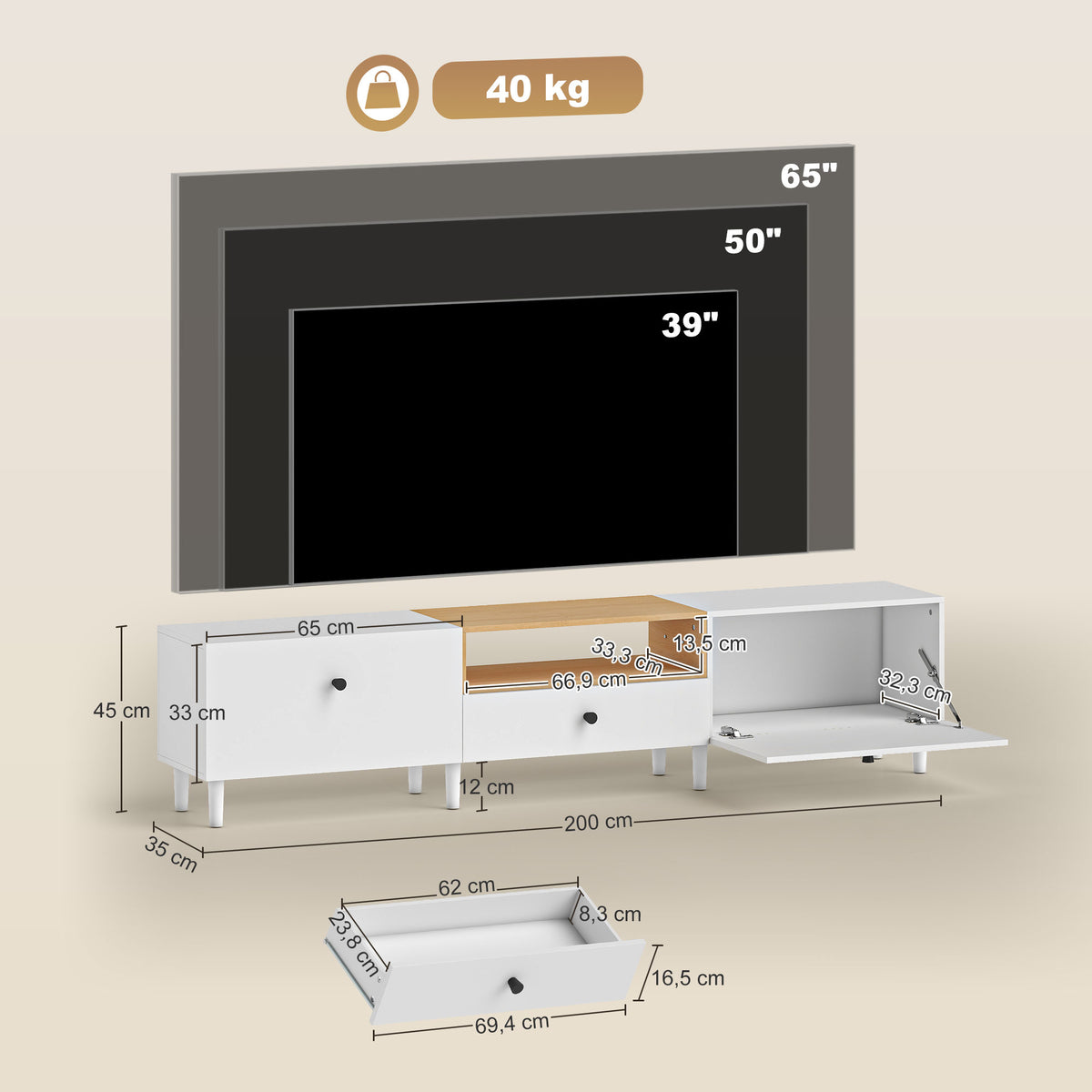 Meuble TV, meuble télé pour téléviseur jusqu'à 90 pouces avec 2 portes rabattables, tiroir, 200 x 35 x 45 cm, blanc