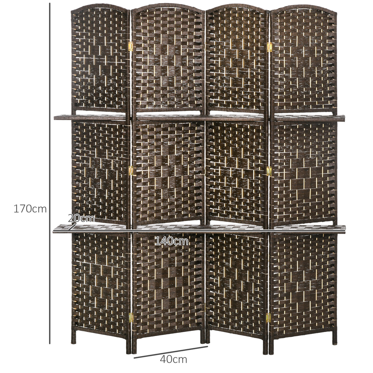 Paravent séparateur de pièce 4 panneaux 160 x170 cm avec 2 étagères, pliable, en bois