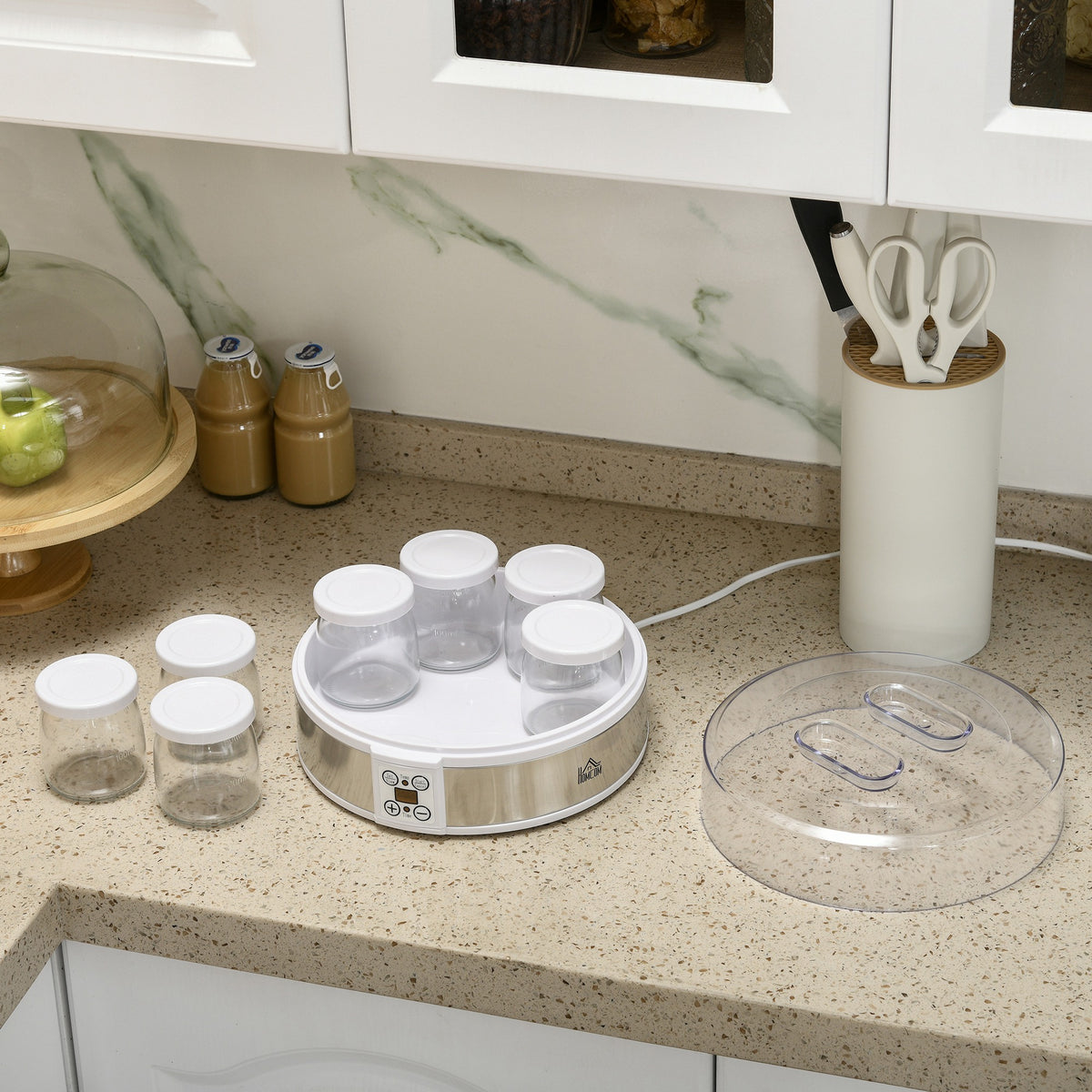 Yaourtière 7 pots de 180ml machine à yaourt électrique en acier inoxydable thermostat réglable 24 x 24 x 13 cm blanc
