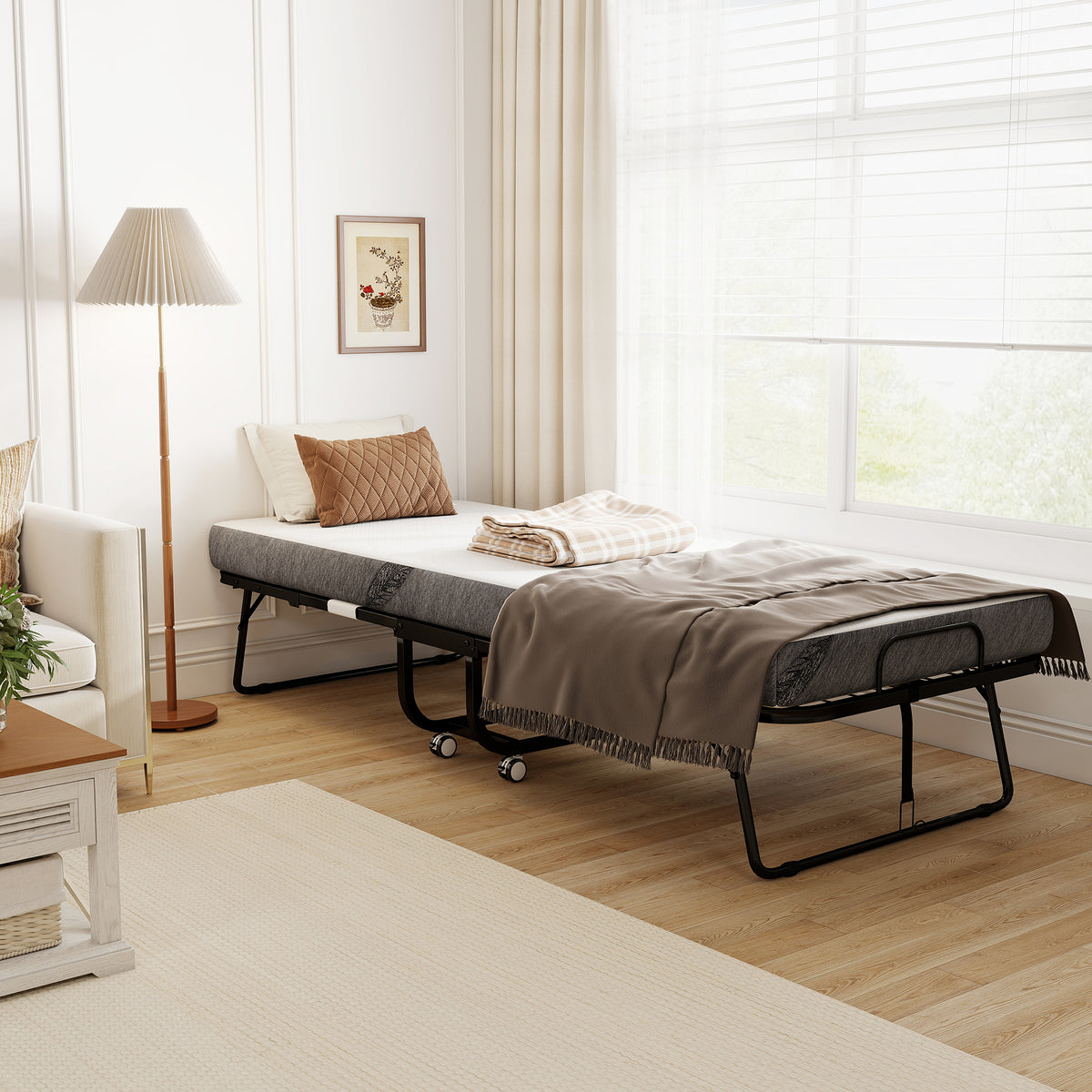 Lit pliant 1 personne 200 x 80 cm avec matelas, lit d'appoint pliable et portable sur roulettes, cadre en acier, blanc