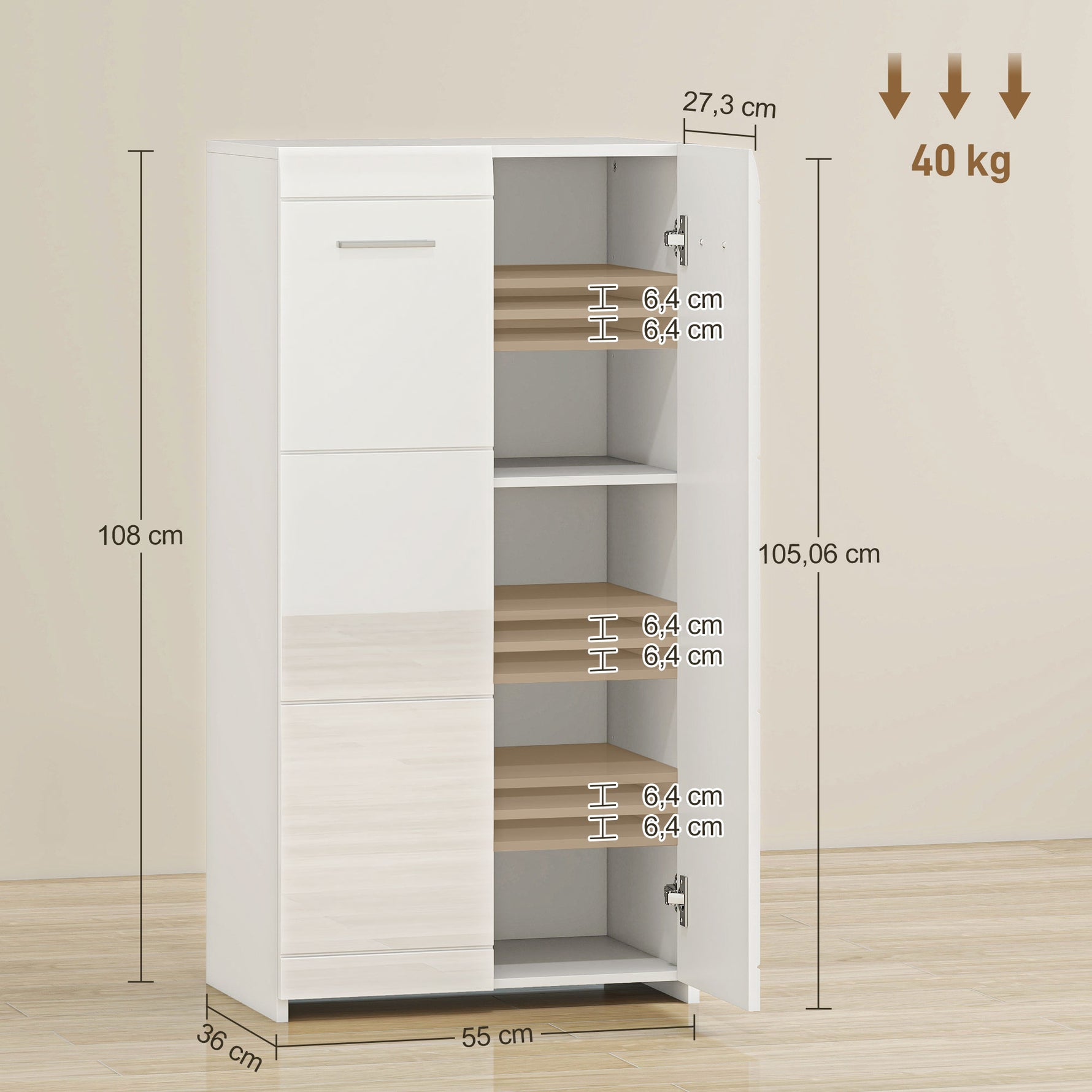 Meuble à chaussures 10 paires, armoire à chaussures à haute brillance 5 niveaux, étagères réglables, 55x36x108cm, blanc