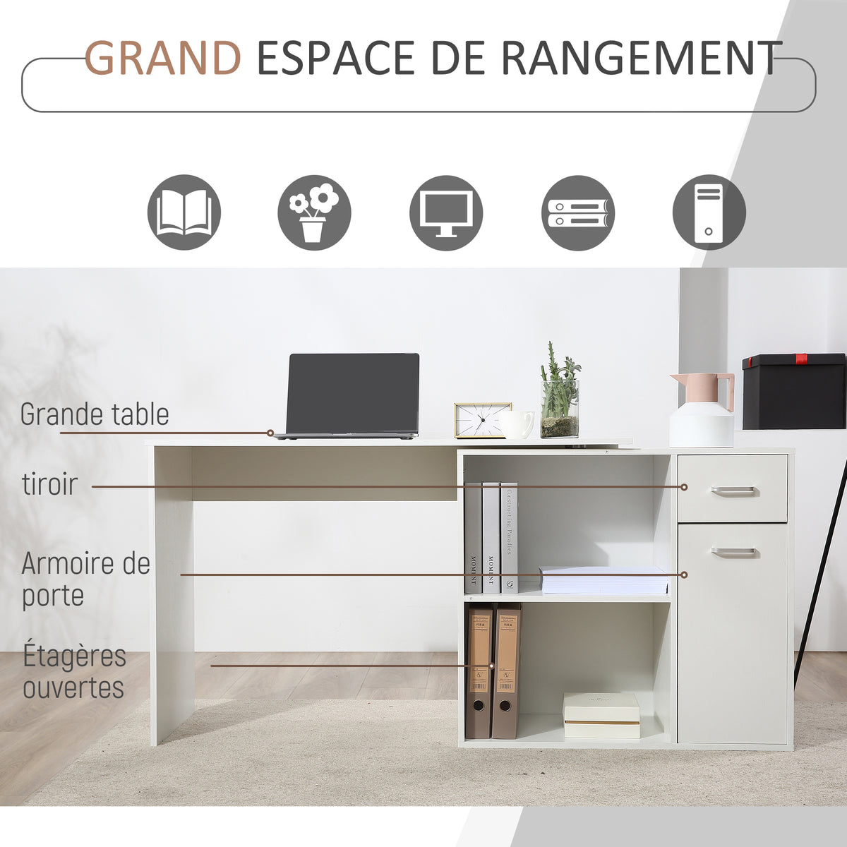 Bureau d'angle rotatif à 180°, bureau d'ordinateur, bibliothèque, tiroir, placard, poste de travail, 117x82x74cm, blanc