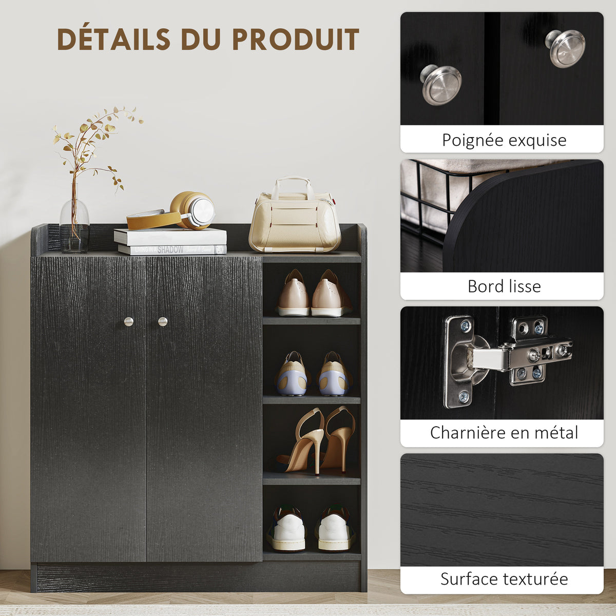 Meuble de rangement à chaussures pour entrée 12 paires - armoire à chaussures avec 4 compartiments ouverts- noir