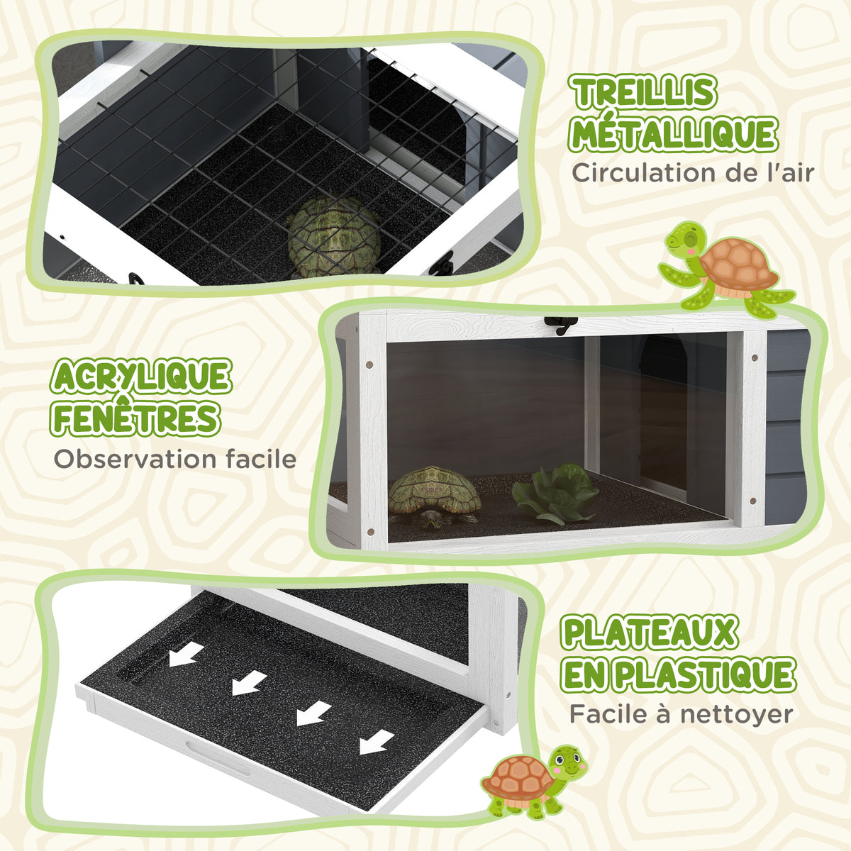 Maison enclos cage pour petit animal tortue avec 2 espaces support de lampe 81 x 48 x 31,5 cm gris