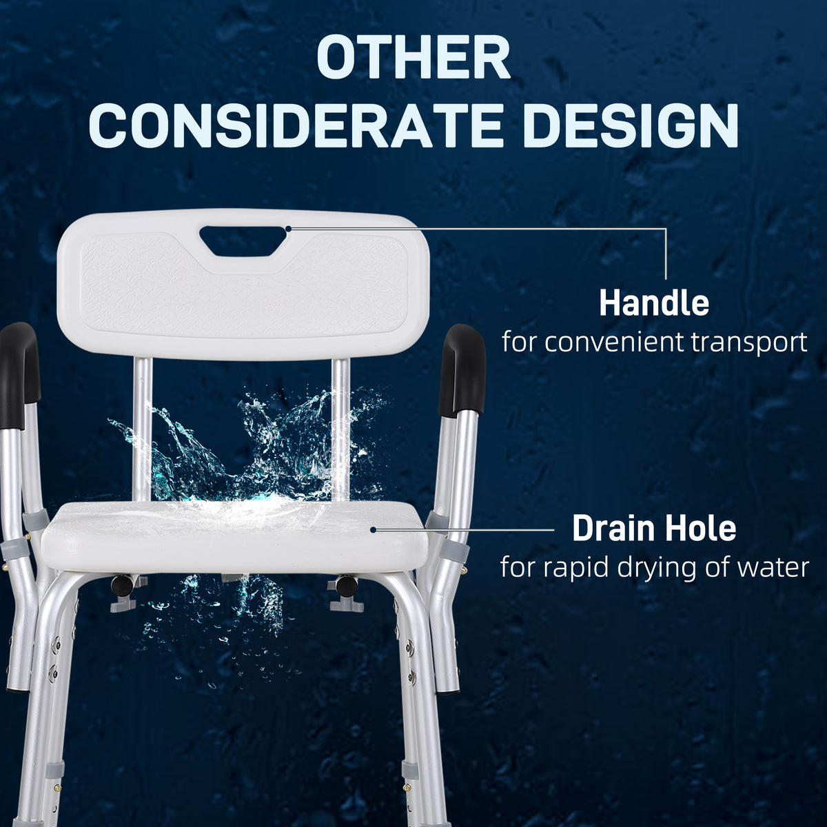 Chaise de Douche siège de Douche Ergonomique Hauteur réglable Pieds antidérapants Dossier accoudoirs Amovibles Charge Max. 136 Kg alu HDPE Blanc