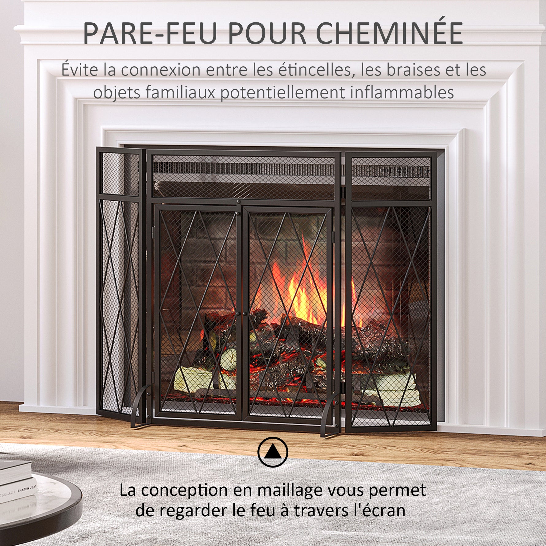 Grille de protection pour cheminée 120 x 79 cm - pare-feu pour cheminée ou poêle - pare-étincelles - barrière de sécurité - 3 volets pliables et porte - métal noir