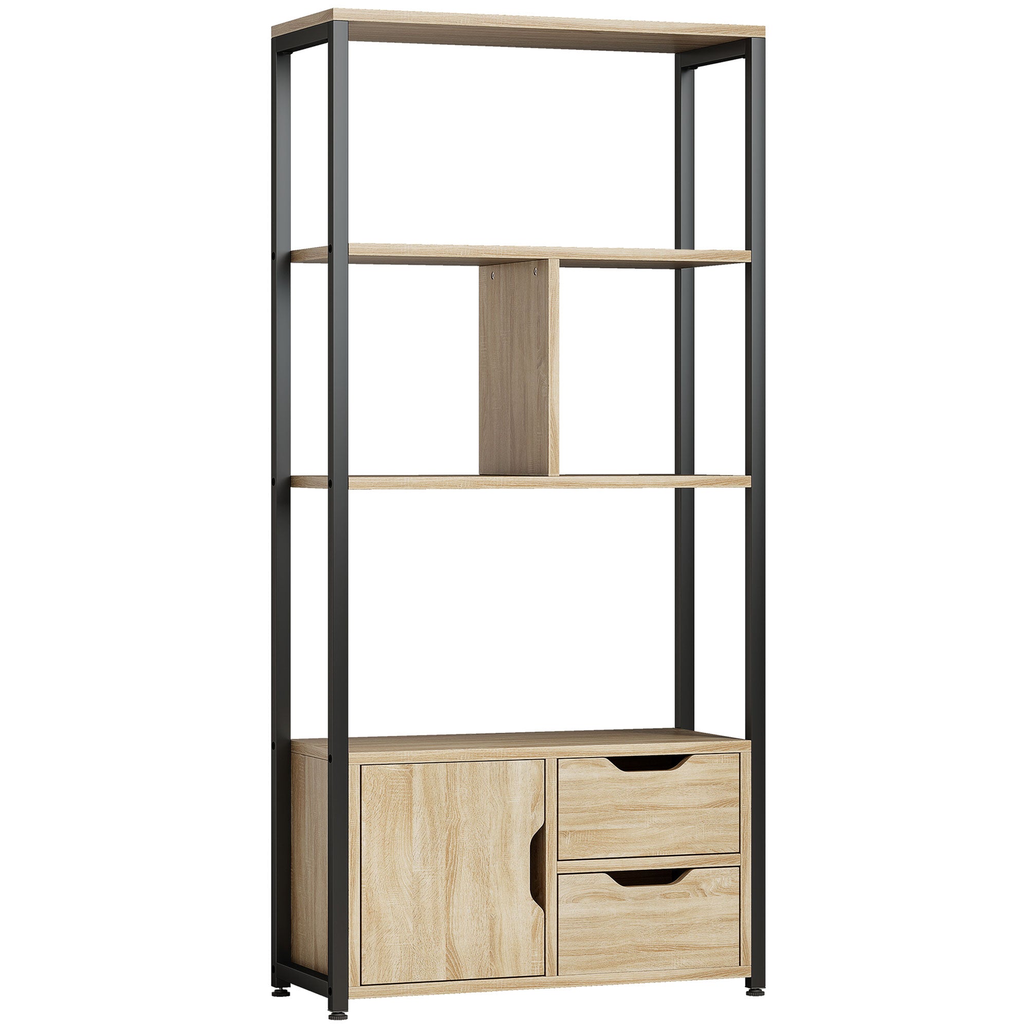 Bibliothèque style industriel 3 étagères placard porte 2 tiroirs 58 x 24 x 122 cm effet bois naturel acier noir
