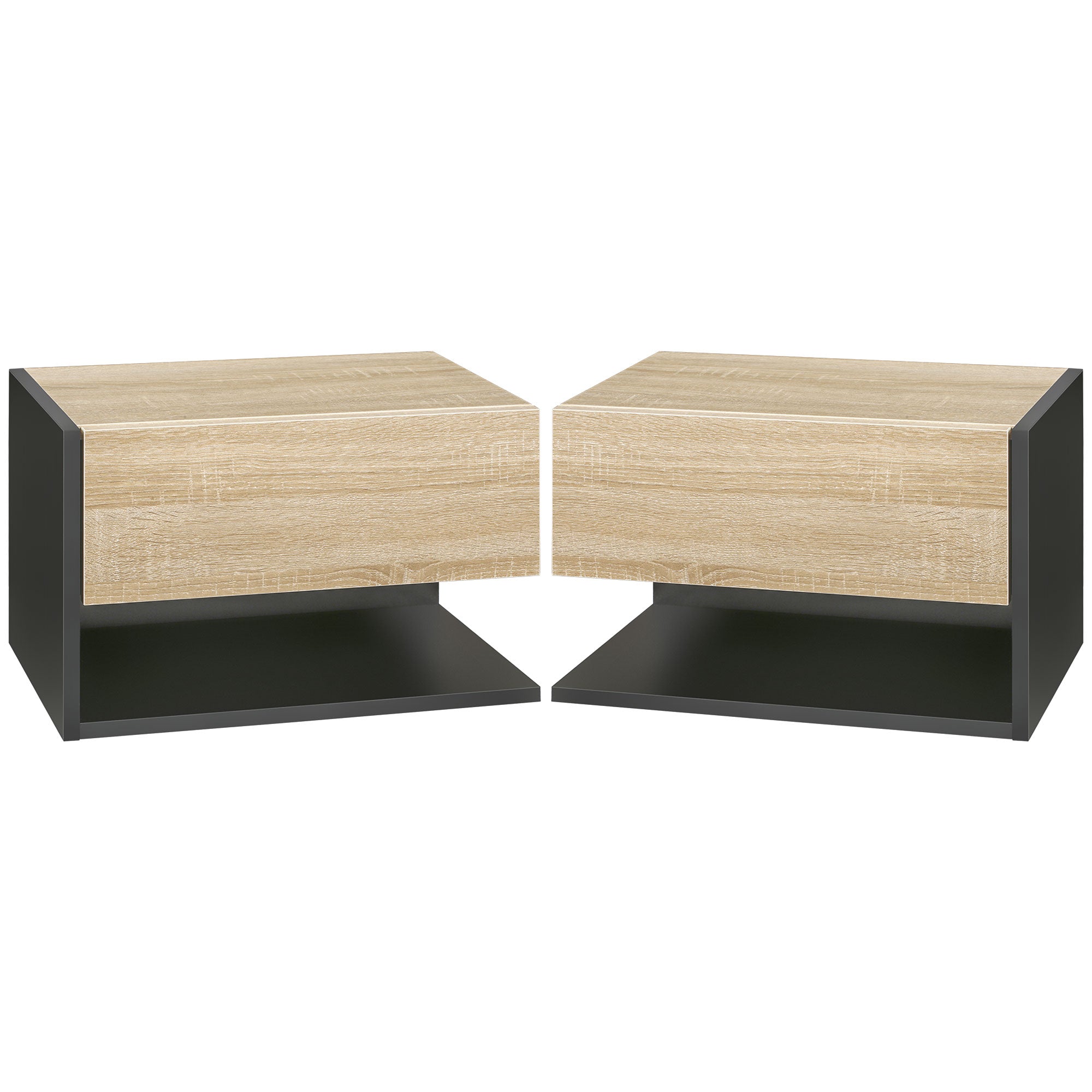 Lot de 2 Tables de Chevet murales - Lot de 2 Tables de Nuit - tiroir Coulissant, étagère, Bicolore Aspect chêne Noir