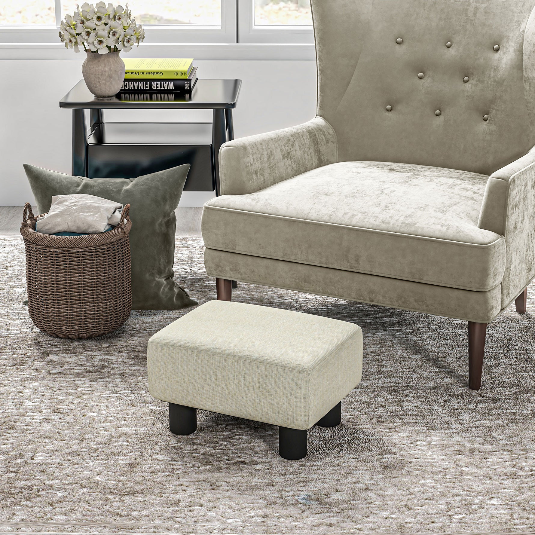 Pouf repose-pied tabouret bas en tissu de lin capacité de charge 110 Kg 40 x 30 x 24 cm beige