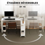 Bureau d'angle modulable réversible, bureau avec rangement, étagère de rangement, cadre en métal, 135x110x75cm, blanc