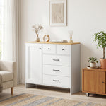 Buffet Cuisine, Meuble de Rangement avec 5 Tiroirs et Porte, Style Rustique, 100 x 40 x 94 cm, Blanc