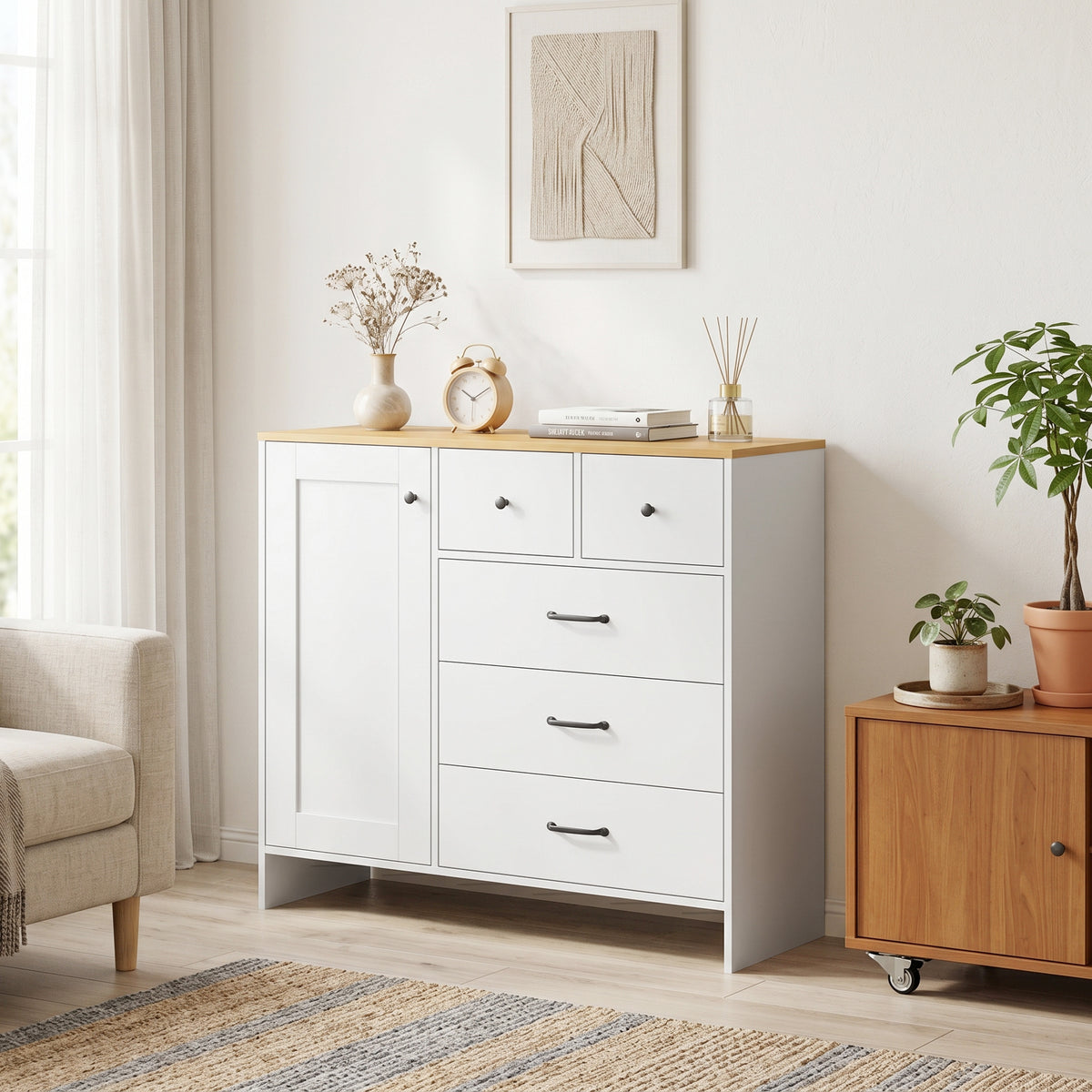 Buffet Cuisine, Meuble de Rangement avec 5 Tiroirs et Porte, Style Rustique, 100 x 40 x 94 cm, Blanc