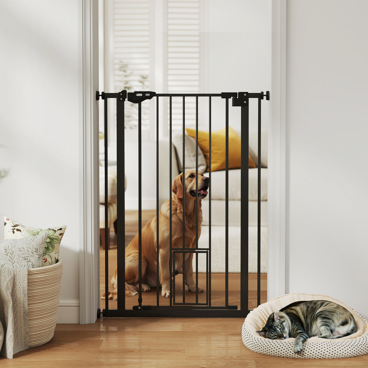 Barrera de seguridad para mascotas de 104 cm de altura, diseño alto con puerta para gatos, cierre automático, sistema de doble bloqueo, sin taladrar, de 74 a 80 cm, acero negro