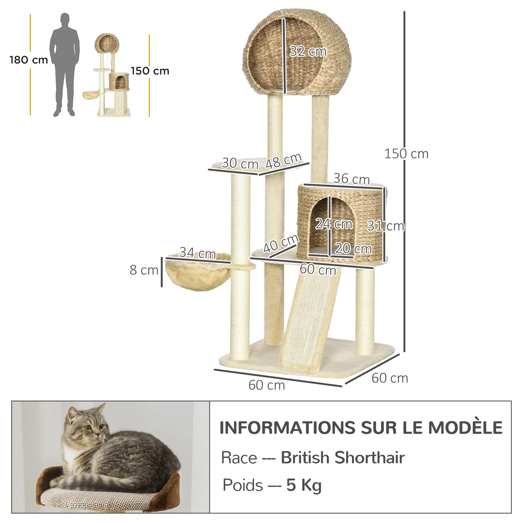 Arbre à chats griffoir sisal naturel 2 niches plateforme hamac peluche jacinthe d'eau - 60 x 60 x 150 cm beige