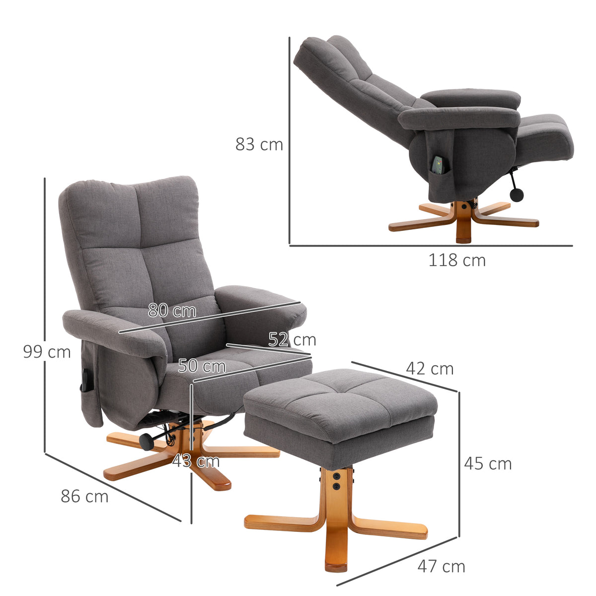 Fauteuil massant avec repose-pied - dossier inclinable jusqu'à 145°, coffre de rangement, appuie-têteet et télécommande