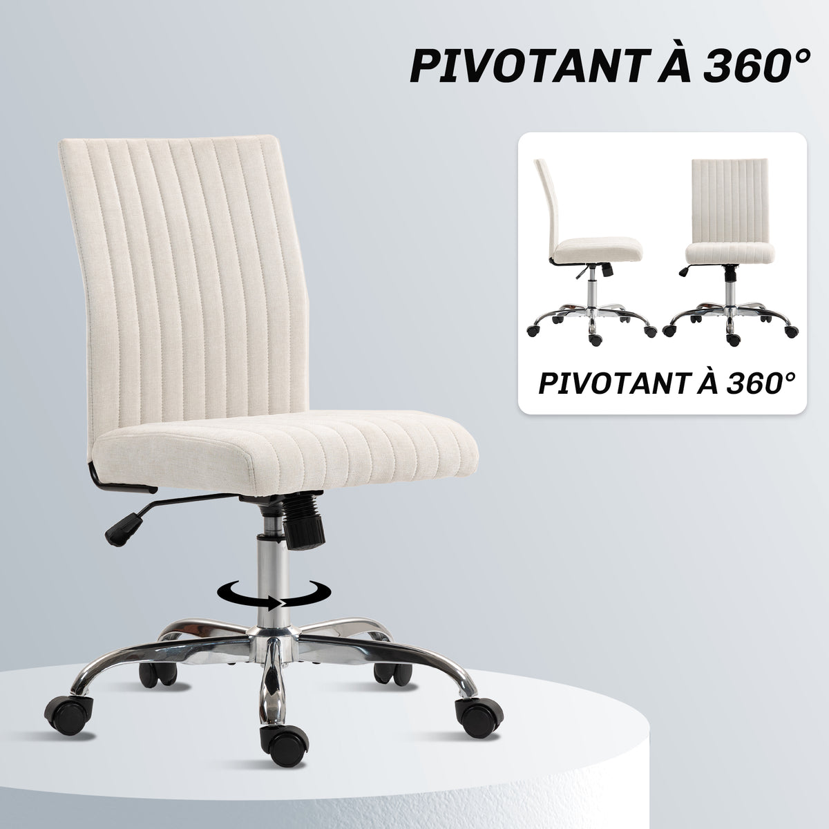 Chaise de bureau sans accoudoirs, fauteuil de bureau, hauteur réglable et pivotant 360°, 43 x 56 x 89-99 cm, crème