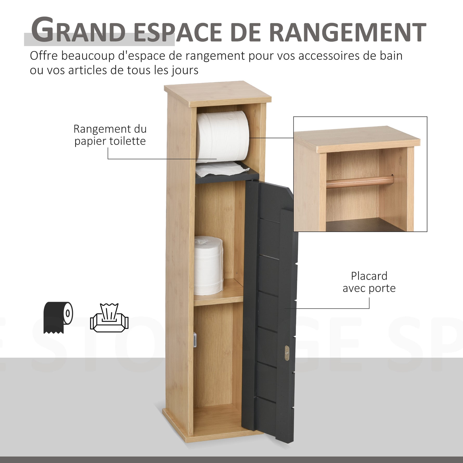 Support Papier Toilette - Porte-Papier Toilette - 2 Niveaux MDF Gris Bambou