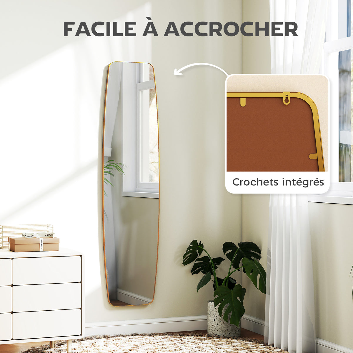 Grand miroir mural ovale 160 x 40 cm, miroir suspendu moderne, cadre en métal et bois, prêt à accrocher, doré