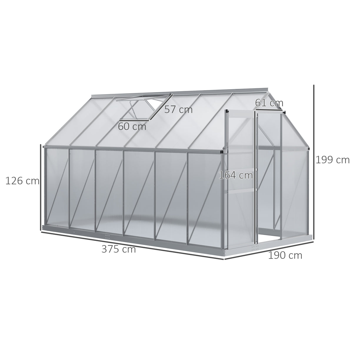 Serre de jardin 7,1 m² en aluminium polycarbonate avec fondation, 190 x 375 x 199 cm, serre avec fenêtre