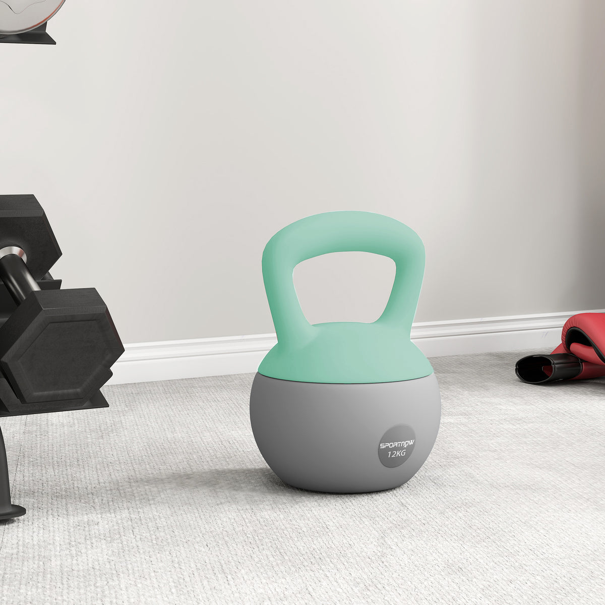 Kettlebell 12 kg haltère avec poignée antidérapante pour fitness musculation cardio, 21 x 21 x 30 cm, gris et vert