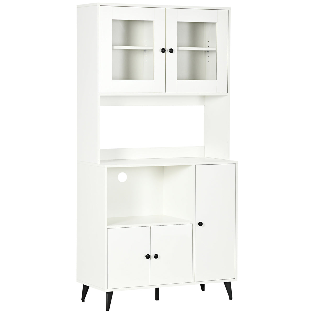 Armoire de cuisine avec 3 placards, niches, étagères réglables, portes vitrées, passe-câble, 90x40x180cm, blanc