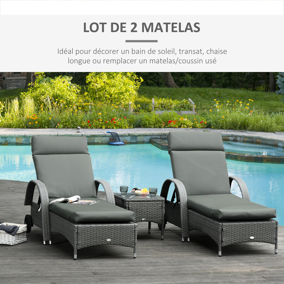 Lot de 2 Matelas pour Chaise Longue transat Bain de Soleil avec Sangles d'attache pour Jardin MATELAS