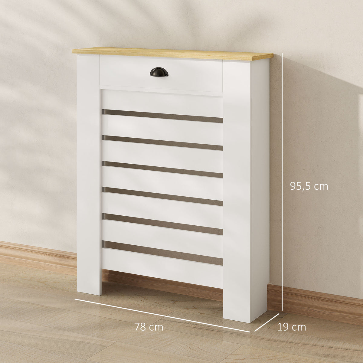 Couvercle de radiateur cache radiateur grille à lattes horizontales avec 2 tiroirs en bois 78l x 19P x 95,5H cm blanc