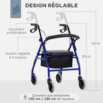 Déambulateur 4 roues - déambulateur pliable léger - assise + dossier rembourré - poignées ergonomiques, freins à main - panier rangement - métal bleu