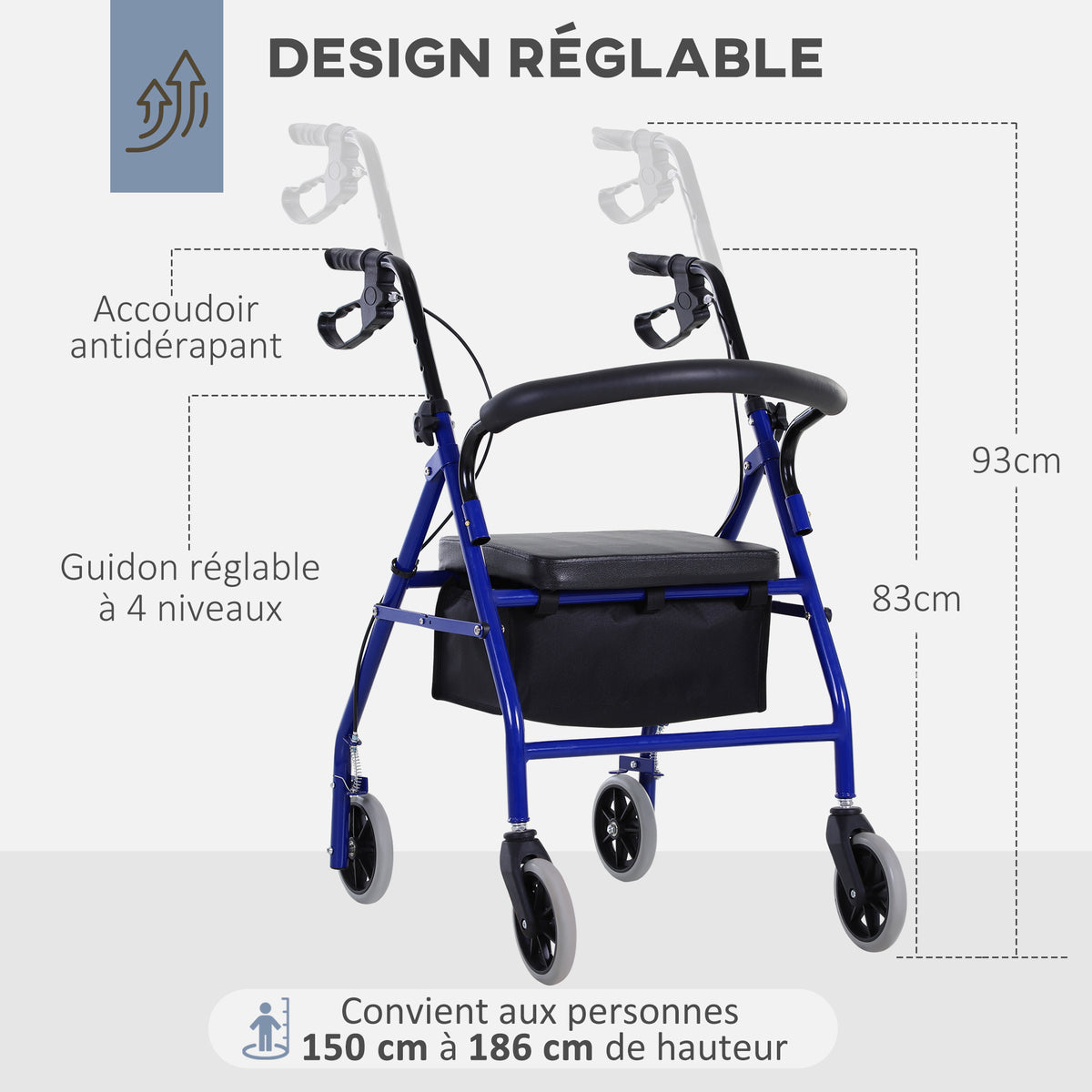 Déambulateur 4 roues - déambulateur pliable léger - assise + dossier rembourré - poignées ergonomiques, freins à main - panier rangement - métal bleu