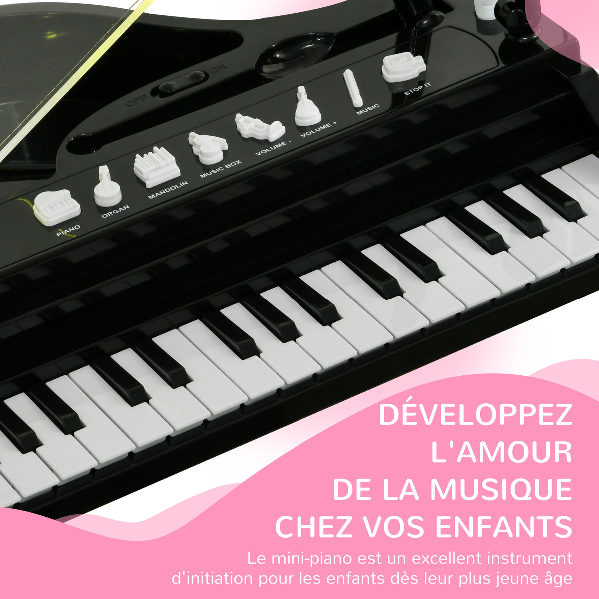 Piano enfant électronique 32 touches multifonctions avec micro haut parleur tabouret couvercle lumineux LED noir