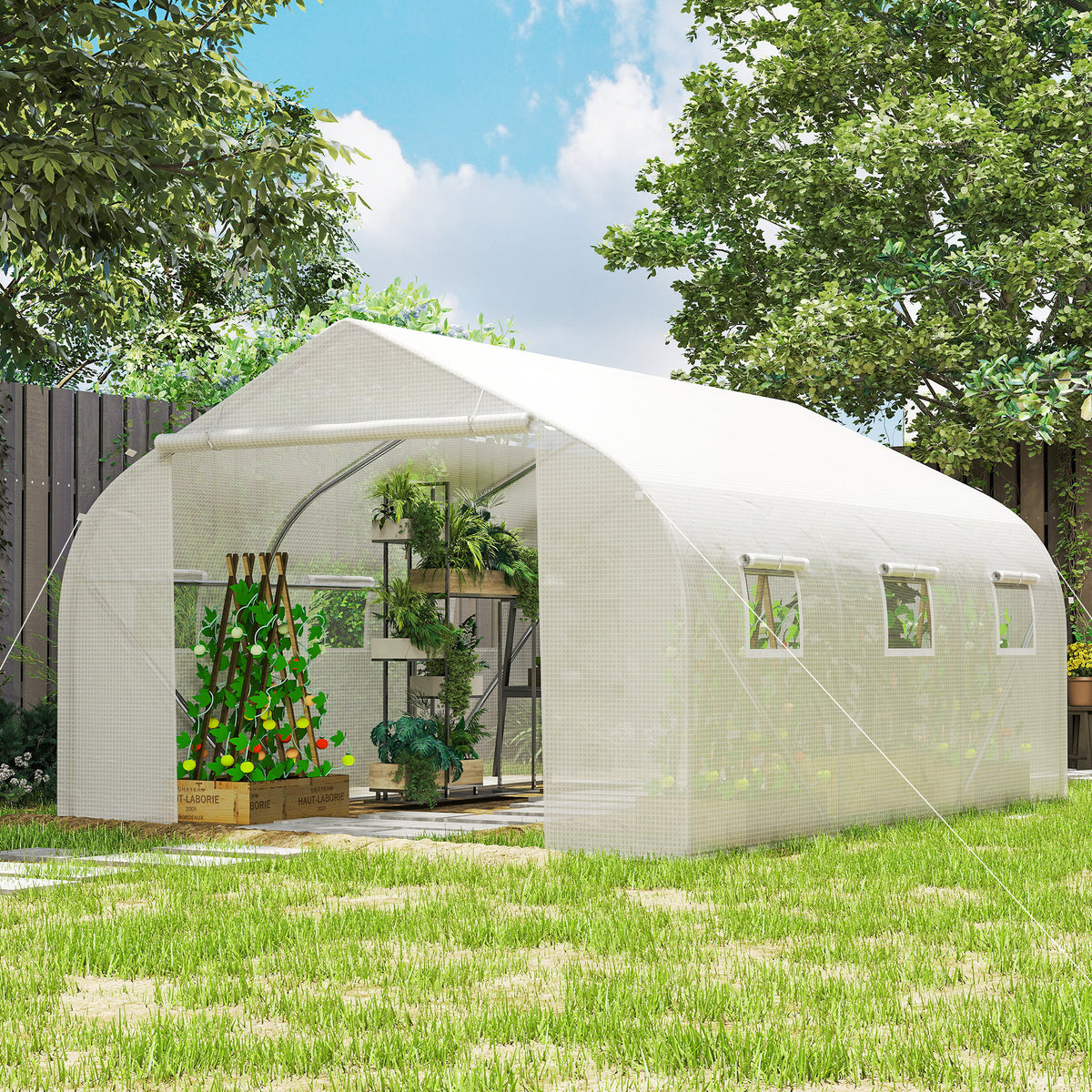 Serre Tunnel de Jardin 13,35 m² dim. 4,5L x 3l x 2H m Porte + 6 fenêtres enroulables Acier galvanisé bâche PE Haute densité Blanc