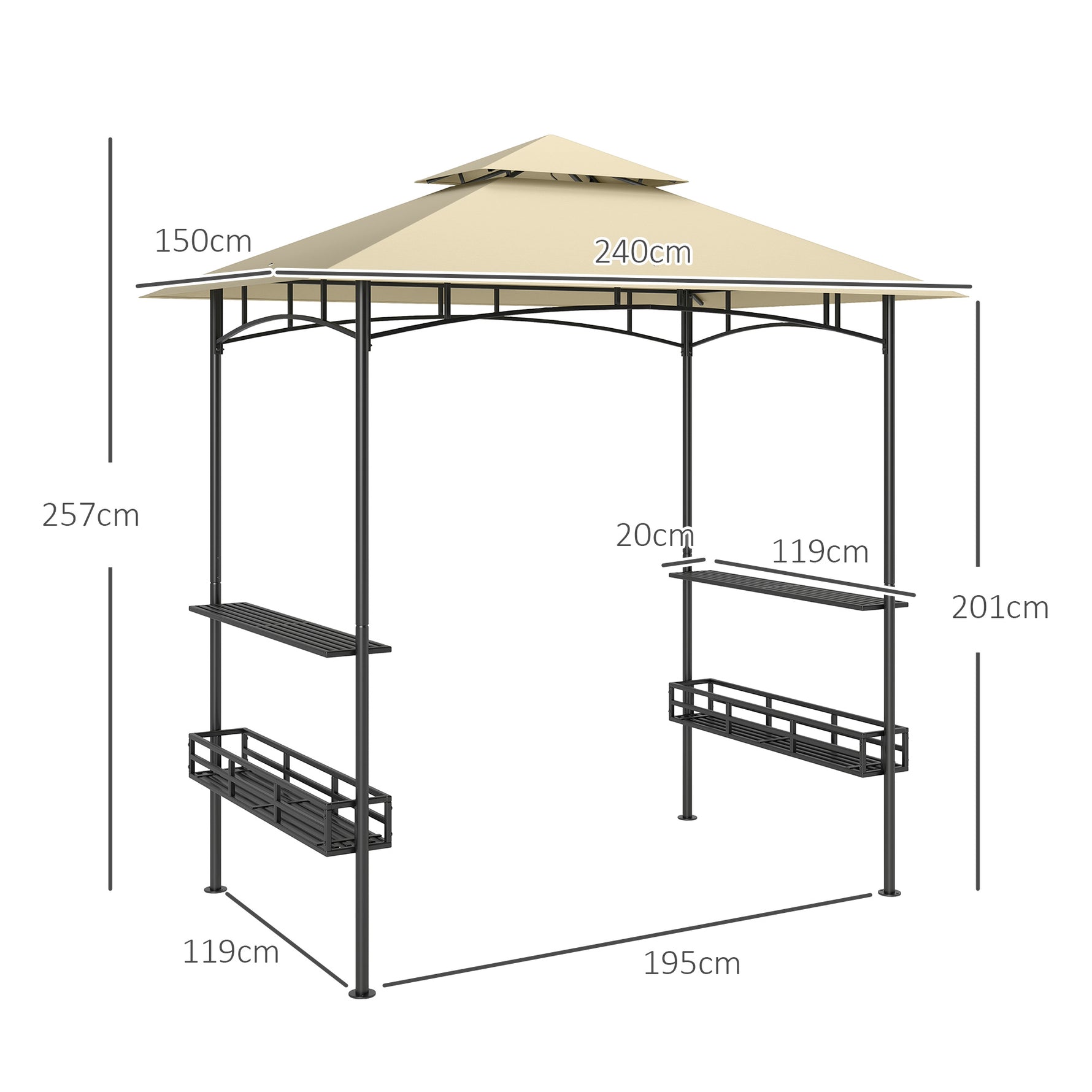 Tonnelle de barbecue auvent de réception pour jardin crochet au plafond étagères et paniers 240 x 150 x 257 cm beige