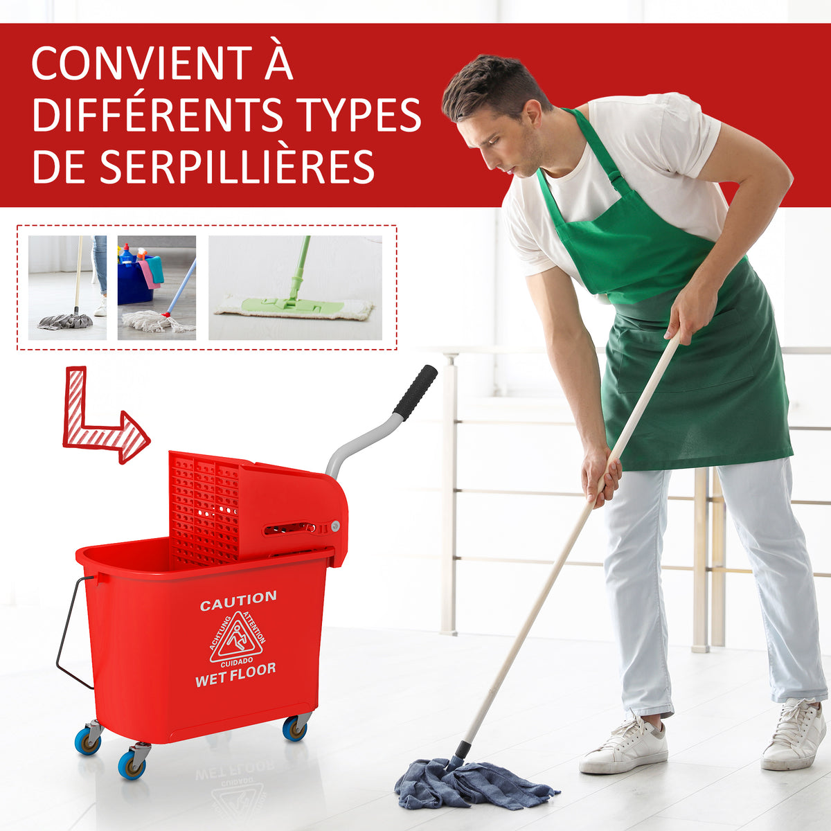 Chariot de nettoyage lavage seau de ménage 20 L avec essoreur et séparateur eau sale propre rouge 60L x 27l x 70,5H cm