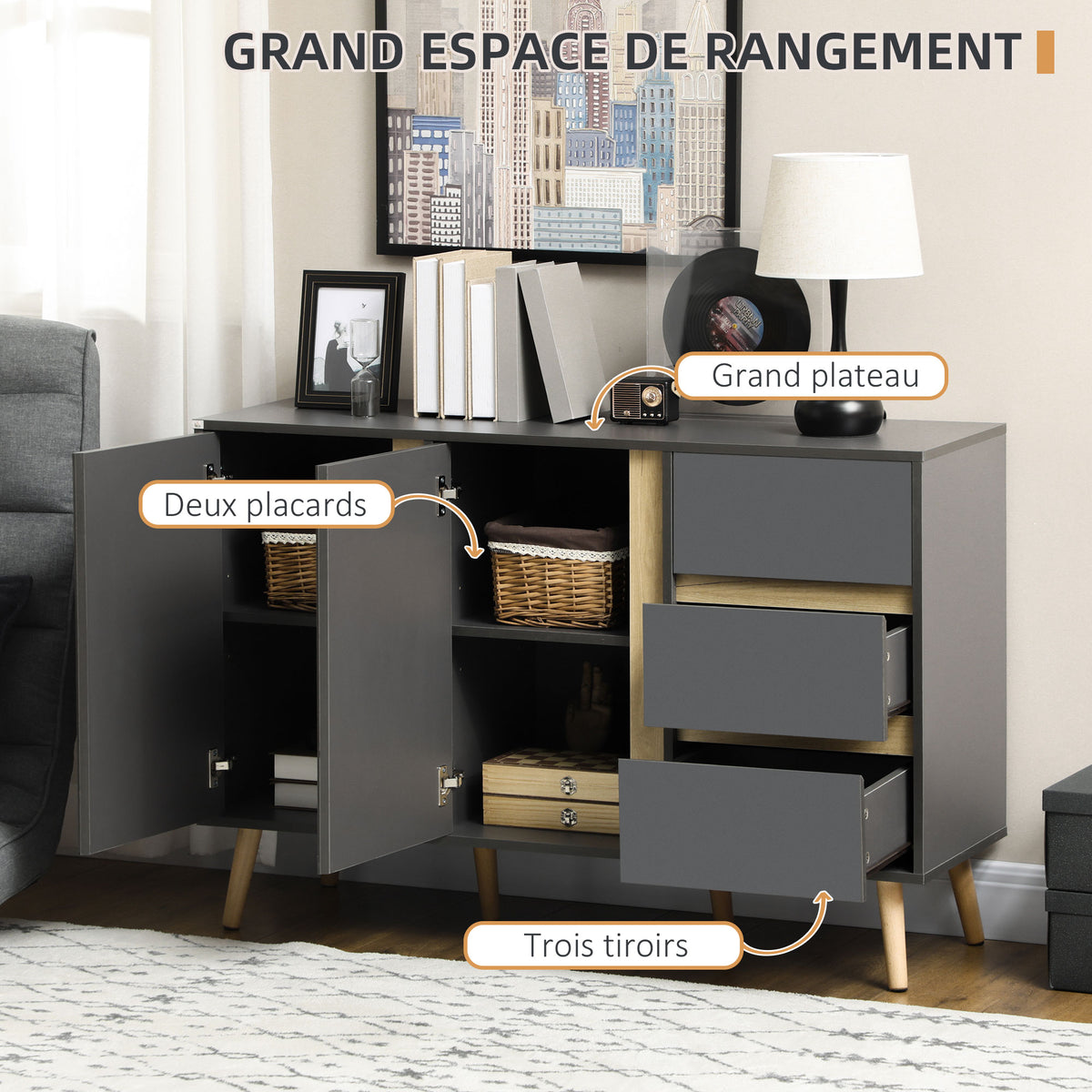 Buffet bas meuble de rangement sur pieds style scandinave 2 portes 3 tiroirs 120 x 40 x 80 cm gris anthracite