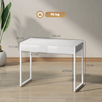 Bureau avec 2 tiroirs, table d'ordinateur 100 x 50 cm, bureau moderne pied en acier, pour petits espaces, blanc brillant