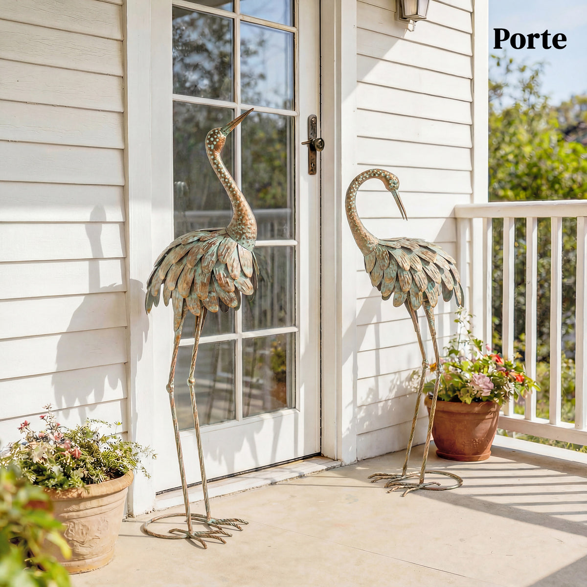 Lot de 2 Statues de Jardin, Sculpture de Héron en Métal, Statues d'oiseaux 91/95cm, pour Cour, Étang, Terrasse, or/bleu