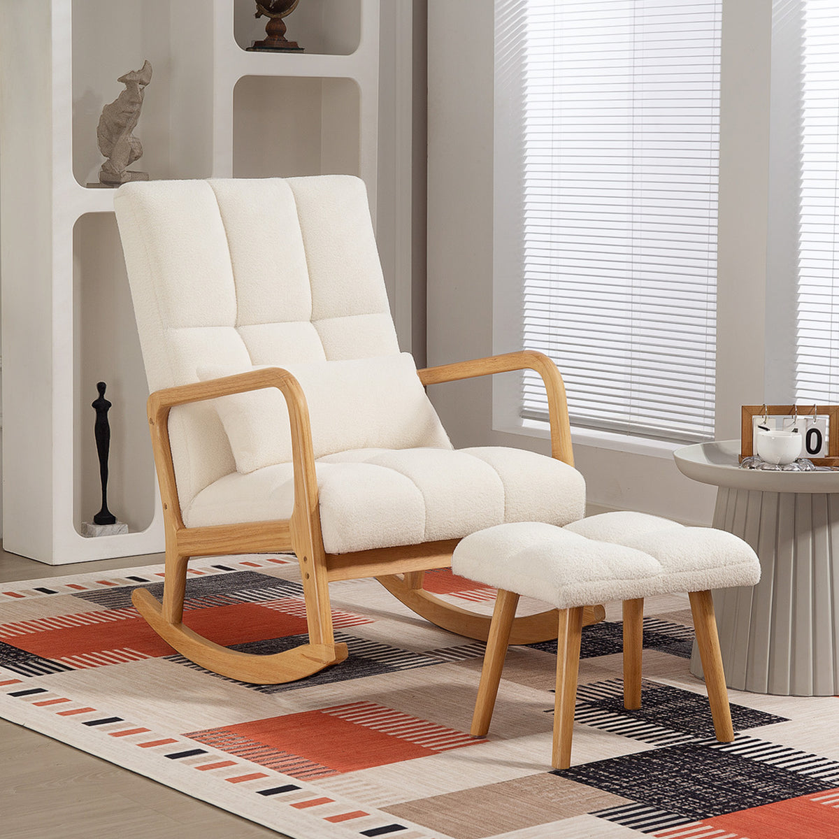 Poltrona a dondolo con poggiapiedi, sedia a dondolo in tessuto bouclé, gambe in legno, 64,5 x 82 x 89 cm, bianco