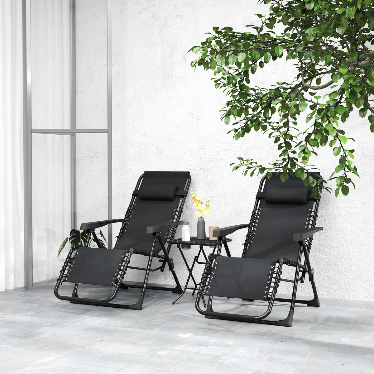 Lot de 2 chaise longue pliable et inclinable avec table d'appoint, porte-gobelets et appuie-têtes, charge 120 kg, noir