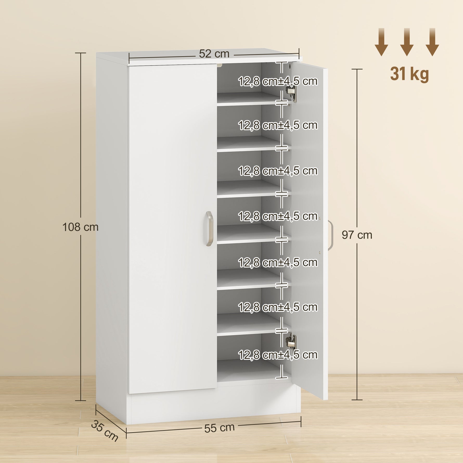 Meuble à chaussures 14 paires armoire à chaussures 7 niveaux avec 6 étagères réglables 2 portes à fermeture douce blanc
