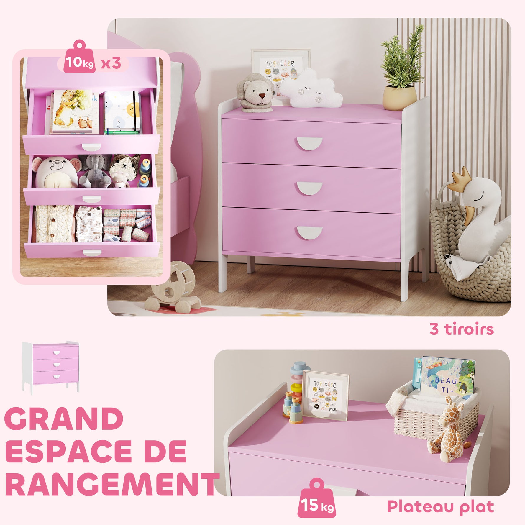 Commode pour enfants, commode rangement 3 tiroirs pour chambre d'enfant, crèche, salle de jeux, 60 x 40 x 60 cm, rose