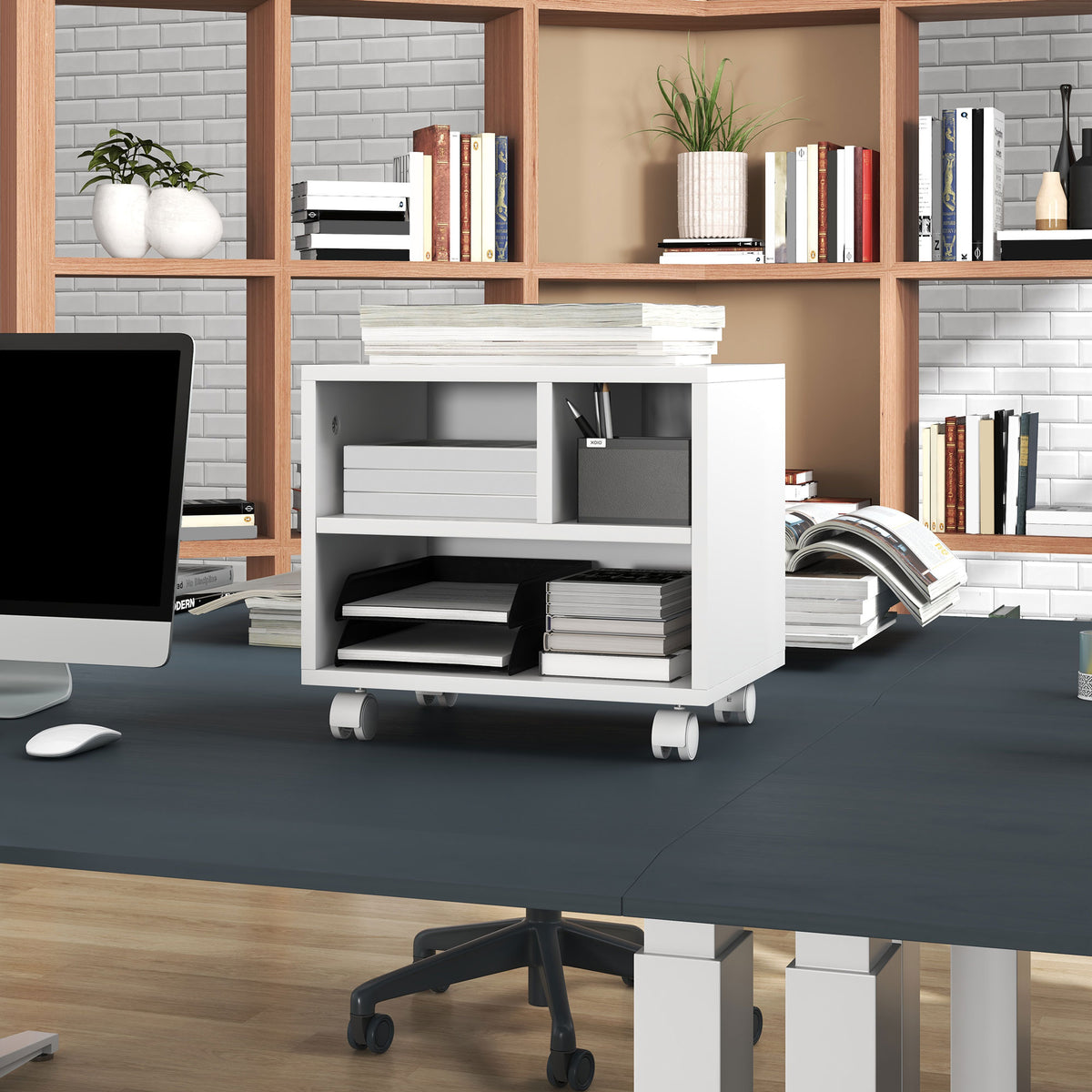 Support d'imprimante meuble de rangement bureau caisson 4 compartiments ouverts 40L x 30l x 36H cm blanc