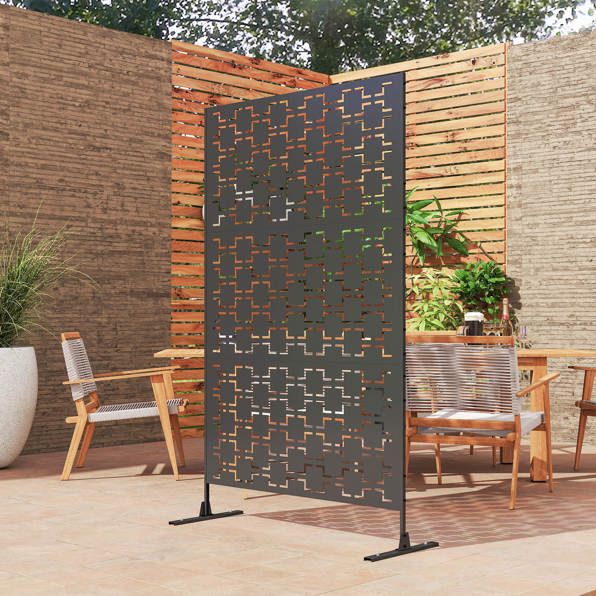 Panneau brise vue décoratif paravent extérieur à motif géométrique ajouré en métal - 122 x 45 x 198 cm, noir