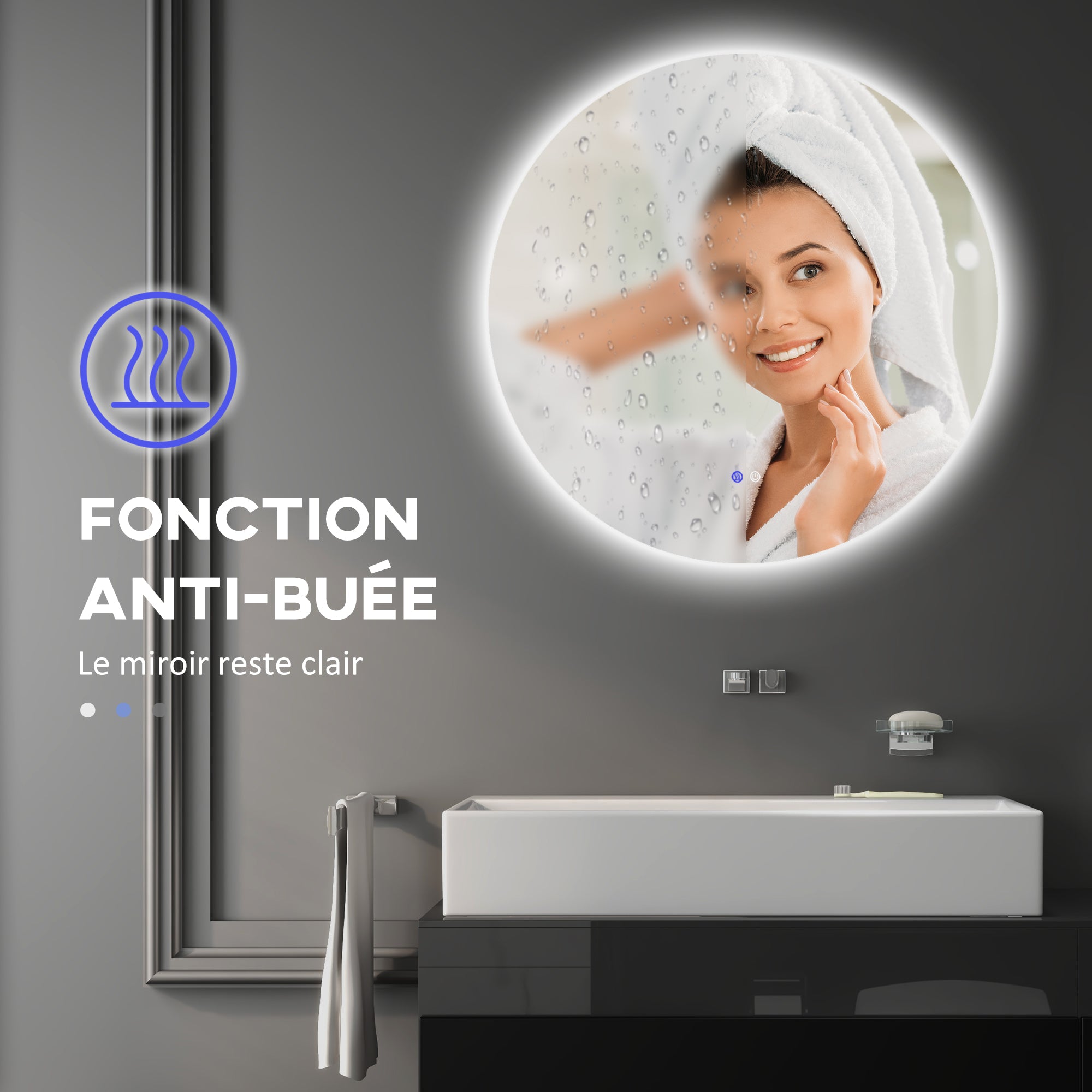 Baineko LED ispilu biribila Ø 80 cm hormakoa, argiztapena, ukipen-etengailua eta lainoaren kontrako sistemaduna