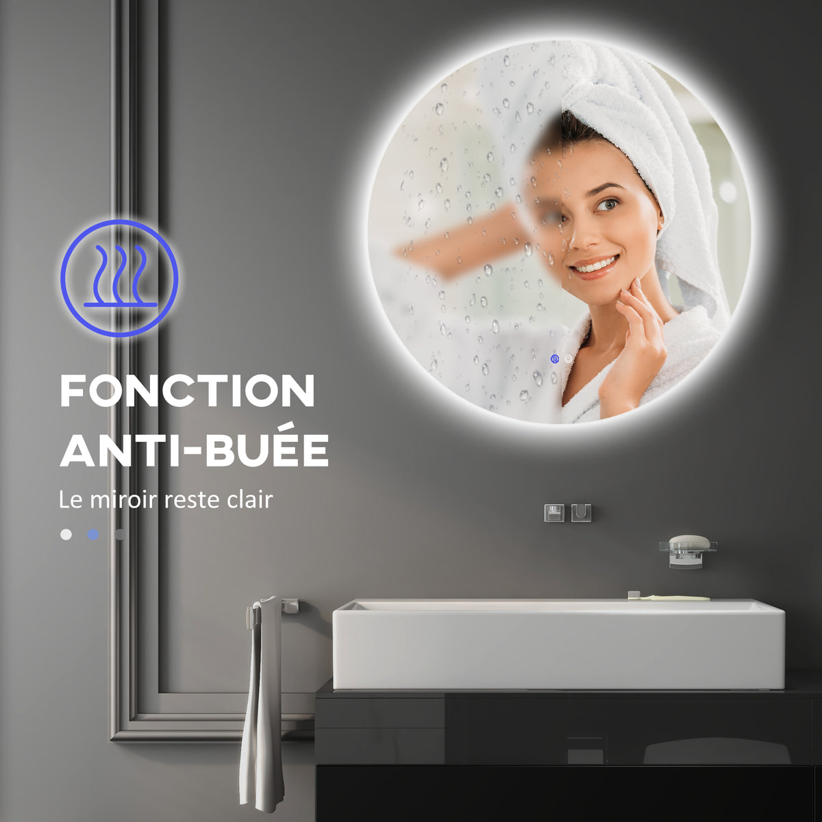Baineko LED ispilu biribila Ø 80 cm hormakoa, argiztapena, ukipen-etengailua eta lainoaren kontrako sistemaduna