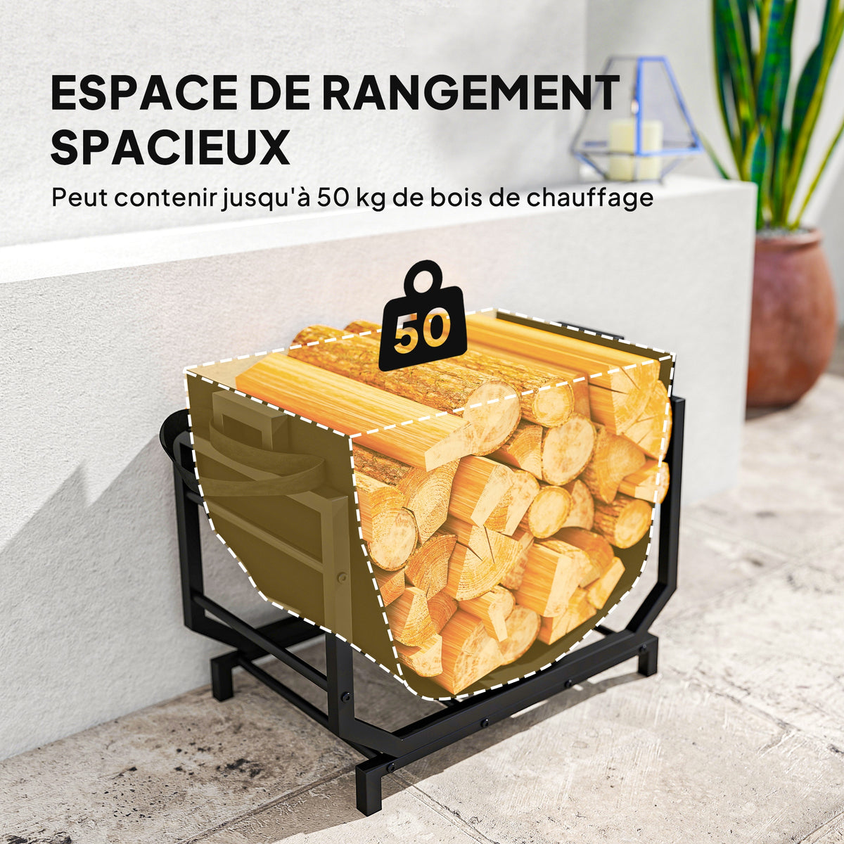 Range-bûches porte buche avec sac de transport et poignées pour intérieure, en métal robuste, 53 x 33 x 43 cm, noir
