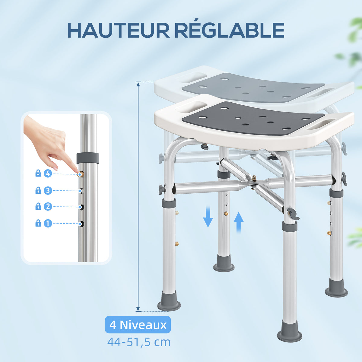 Tabouret de douche chaise de douche - assise rembourré et réglable, patins à ventouses antidérapants, en aluminium gris