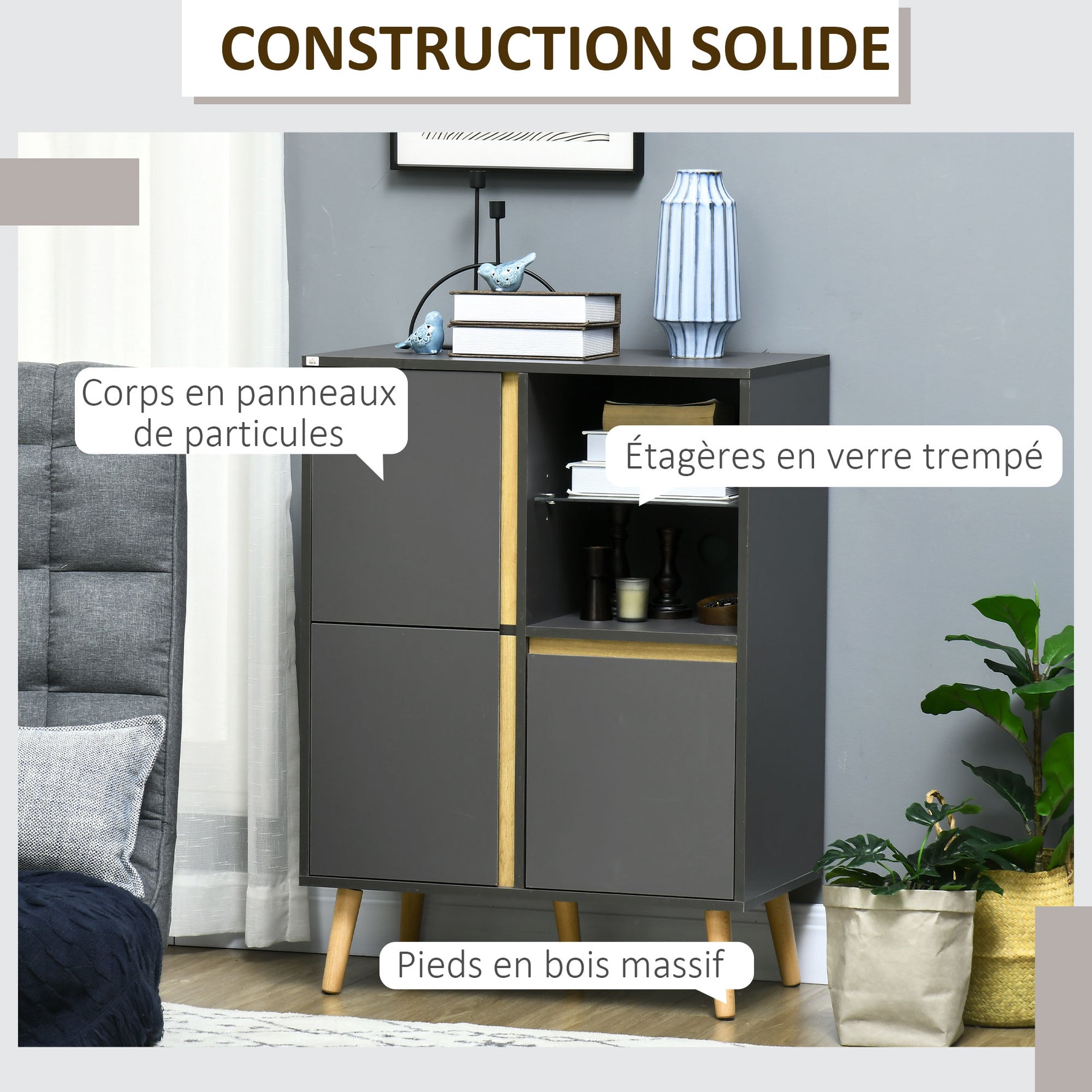 Meuble de rangement design modene avec étagères réglables et pieds en bois massif 70 x 40 x 96,1 cm gris foncé