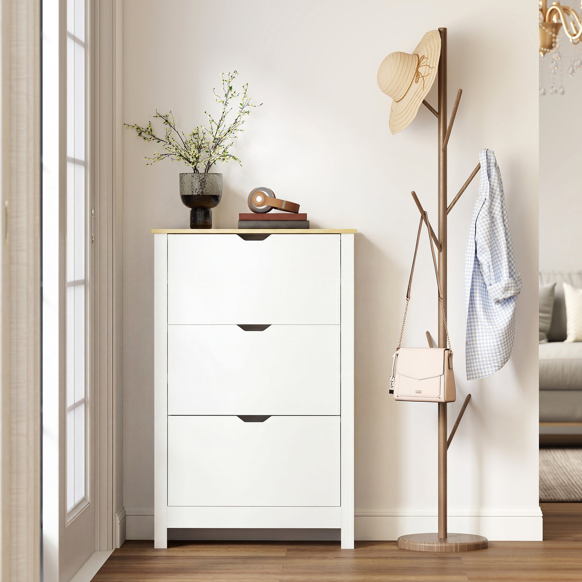 Armoire à Chaussures 3 Portes abattantes 2 Compartiments Panneaux Particules Blanc chêne
